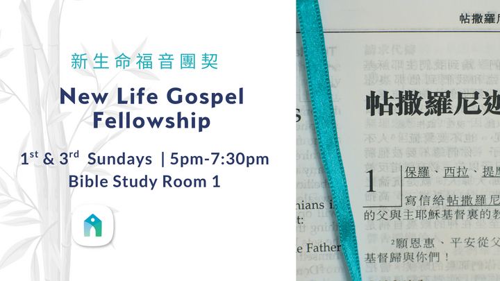 Logo for New Life Gospel Fellowship: with Leaders Stephanie Zhang, Nicole Wang and James Li