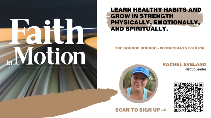 Logo for Faith in Motion: Led by: Rachel Eveland